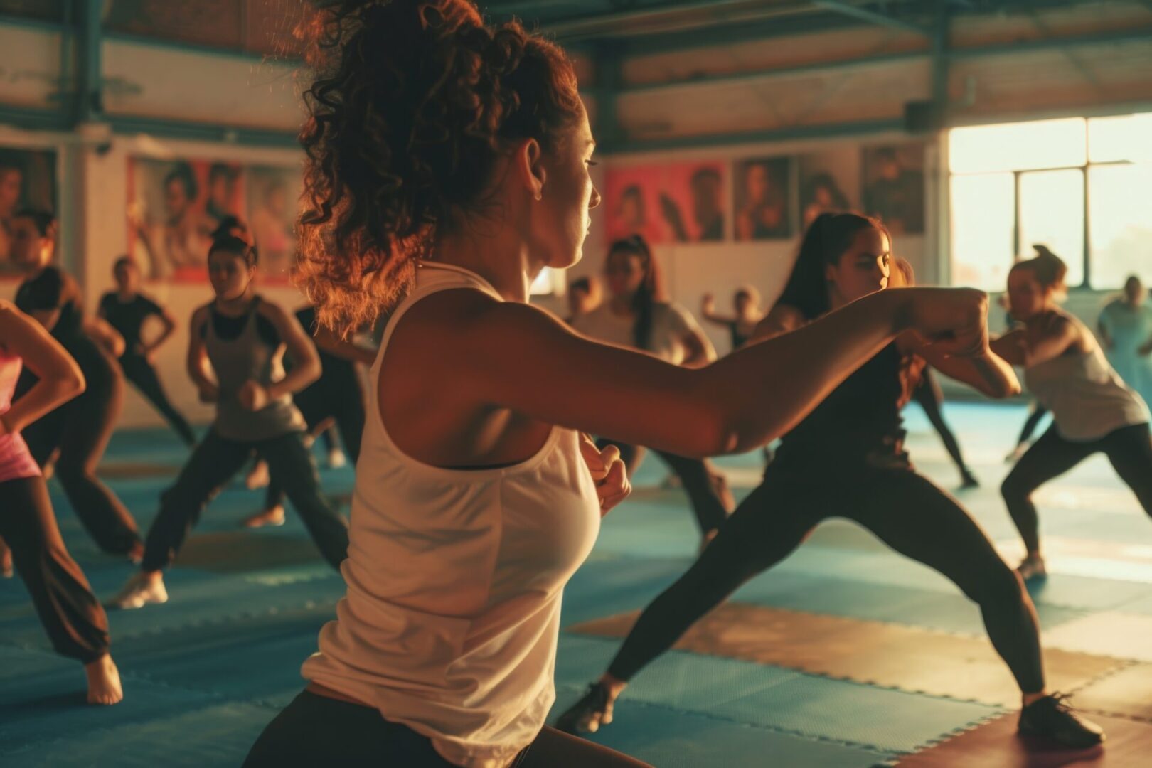 A group of women attending self-defense training class.